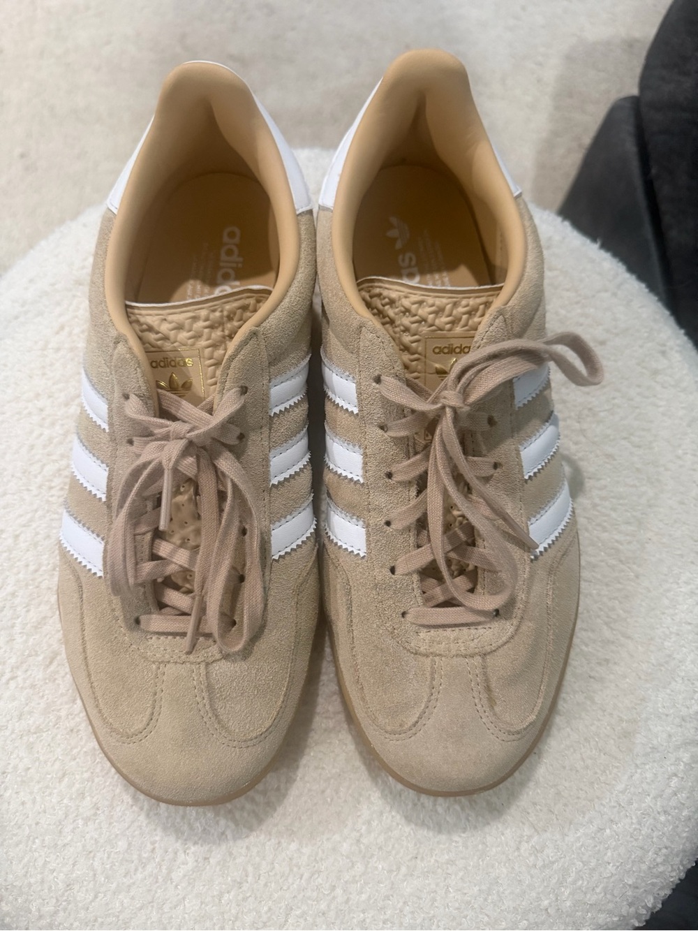 adidas Women's Beige Suede Sneakers with White Stripes